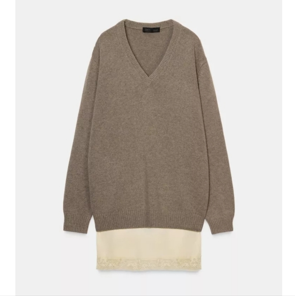 Zara Wool and Cashmere Blend V-Neck Jumper Sweater with Lace Cream Lining Sz-M